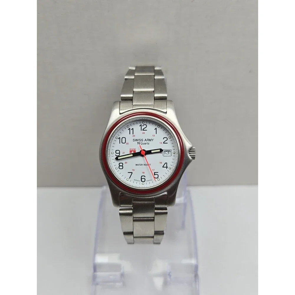 Vintage Swiss Army 1759 30mm Quartz Field Watch Red Bezel White Dial New Battery - Picture 1 of 11